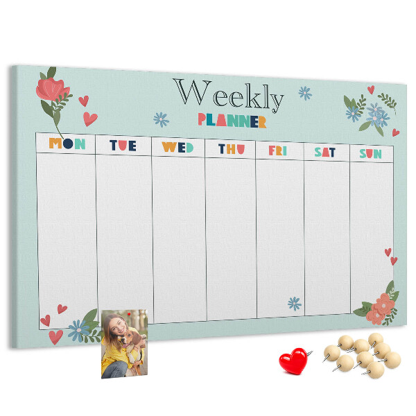 Pizarra de corcho planificador semanal floral con detalles coloridos