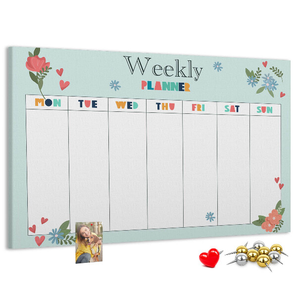 Pizarra de corcho planificador semanal floral con detalles coloridos