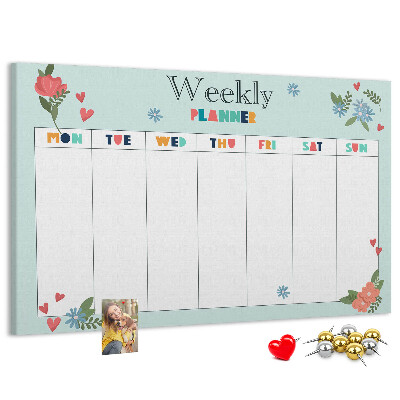 Pizarra de corcho planificador semanal floral con detalles coloridos