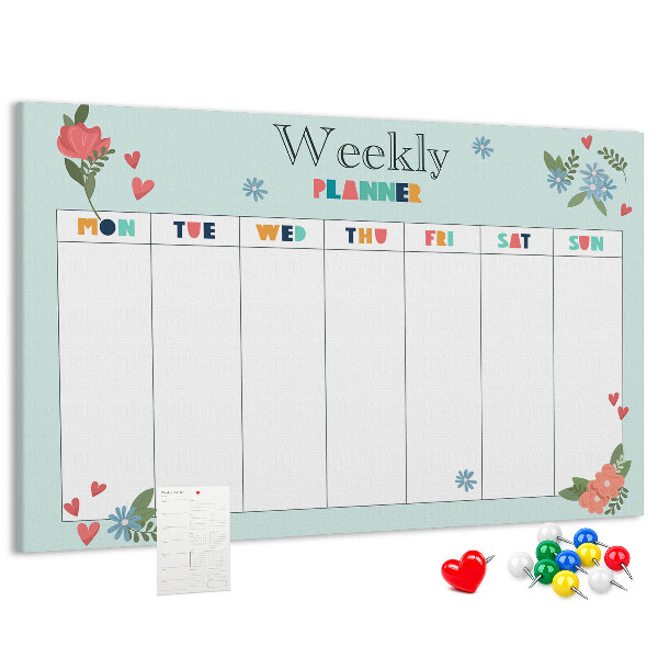Pizarra de corcho planificador semanal floral con detalles coloridos