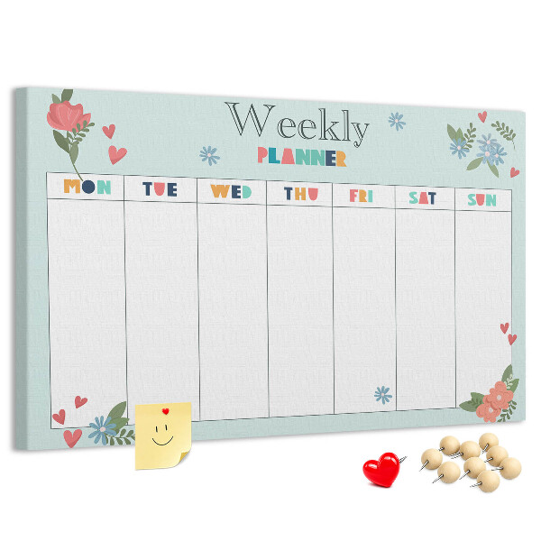 Pizarra de corcho planificador semanal floral con detalles coloridos