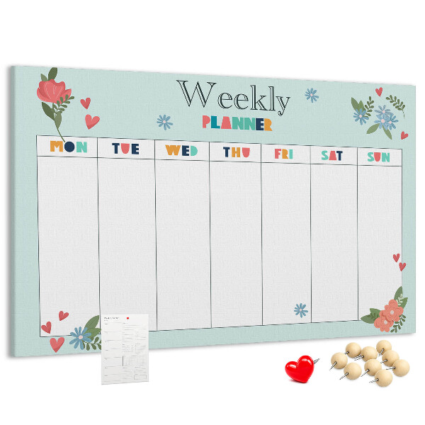 Pizarra de corcho planificador semanal floral con detalles coloridos