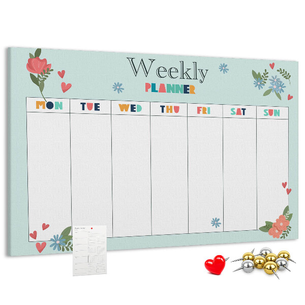Pizarra de corcho planificador semanal floral con detalles coloridos