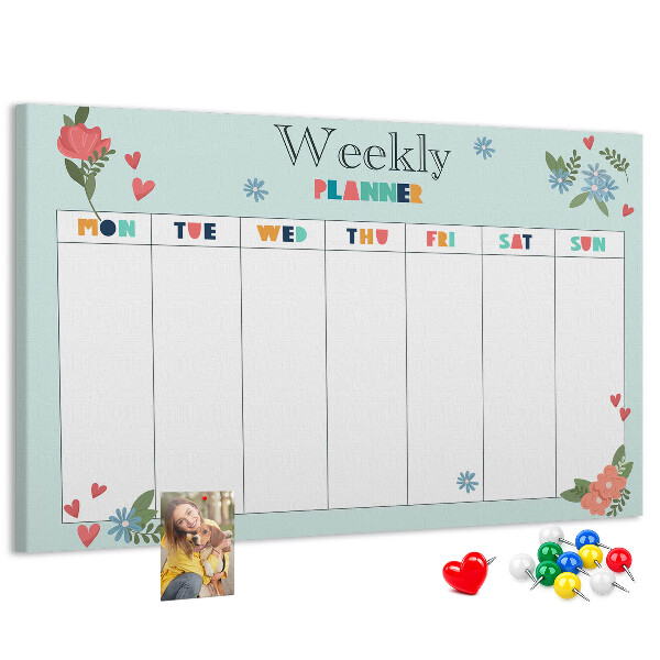Pizarra de corcho planificador semanal floral con detalles coloridos
