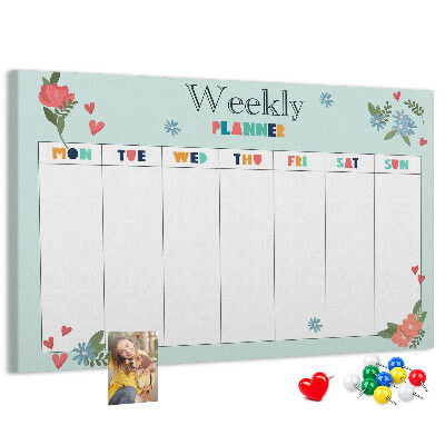 Pizarra de corcho planificador semanal floral con detalles coloridos