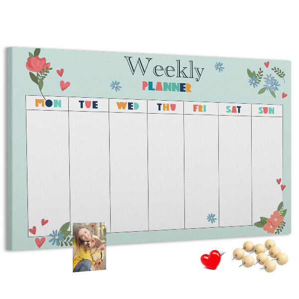 Pizarra de corcho planificador semanal floral con detalles coloridos