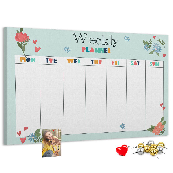 Pizarra de corcho planificador semanal floral con detalles coloridos