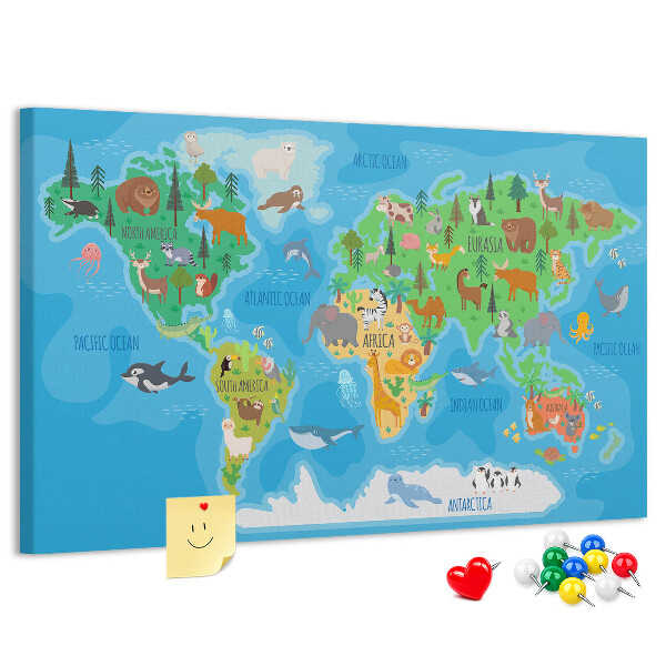 Tablero de anuncios mapa del mundo con ilustraciones de animales