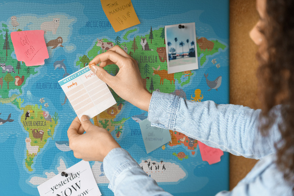 Tablero de anuncios mapa del mundo con ilustraciones de animales
