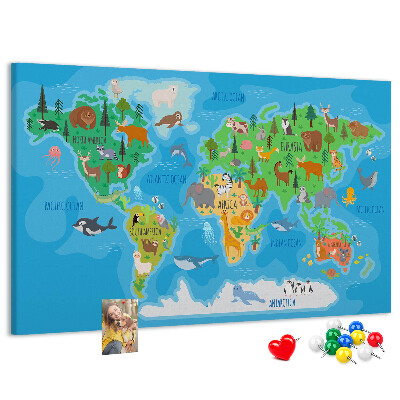 Tablero de anuncios mapa del mundo con ilustraciones de animales