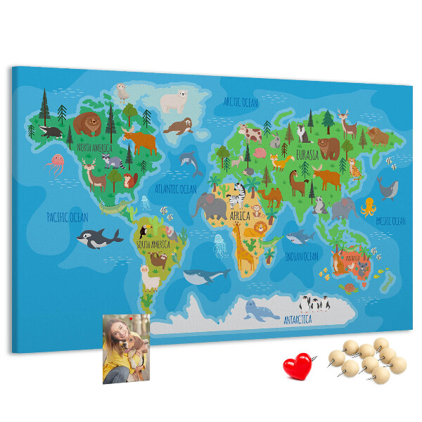 Tablero de anuncios mapa del mundo con ilustraciones de animales