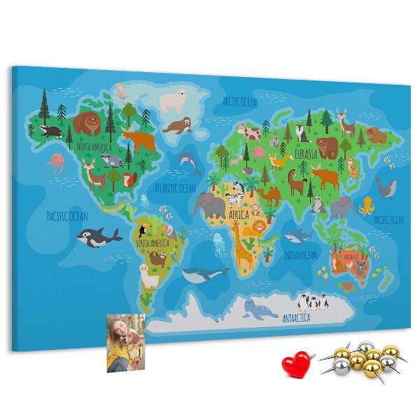 Tablero de anuncios mapa del mundo con ilustraciones de animales