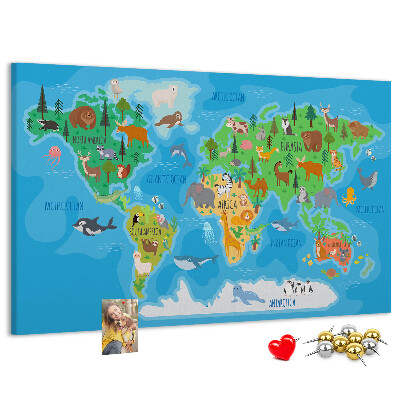 Tablero de anuncios mapa del mundo con ilustraciones de animales