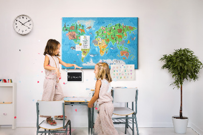 Tablero de anuncios mapa del mundo con ilustraciones de animales