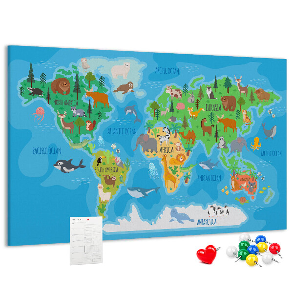 Tablero de anuncios mapa del mundo con ilustraciones de animales