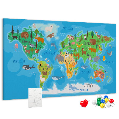 Tablero de anuncios mapa del mundo con ilustraciones de animales