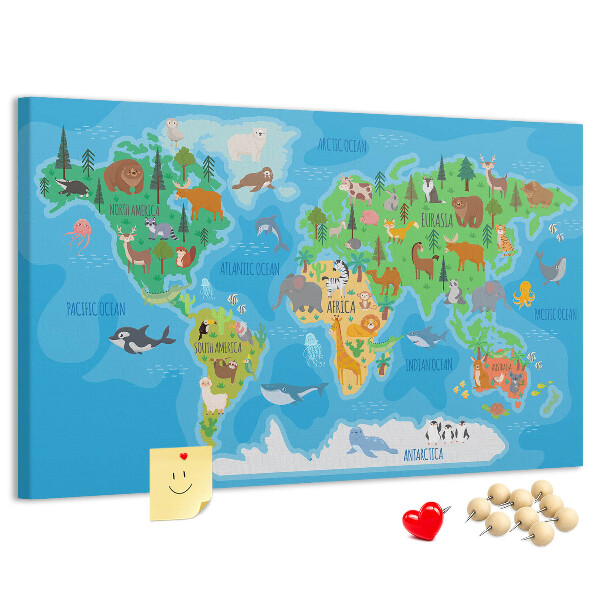 Tablero de anuncios mapa del mundo con ilustraciones de animales