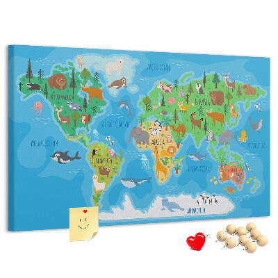 Tablero de anuncios mapa del mundo con ilustraciones de animales
