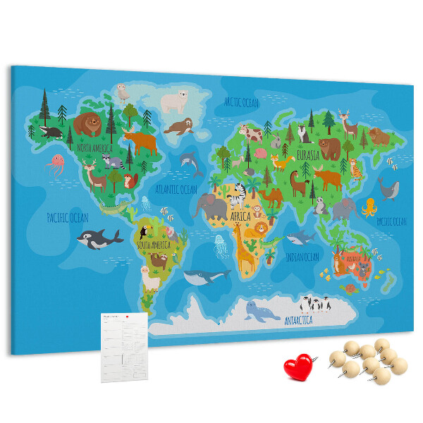 Tablero de anuncios mapa del mundo con ilustraciones de animales