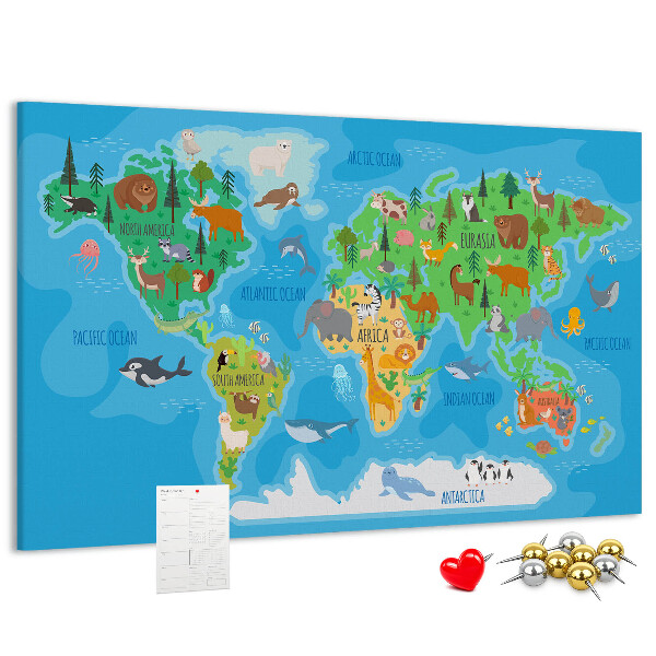Tablero de anuncios mapa del mundo con ilustraciones de animales