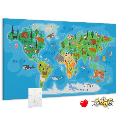 Tablero de anuncios mapa del mundo con ilustraciones de animales