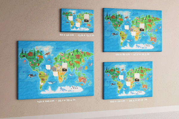 Tablero de anuncios mapa del mundo con ilustraciones de animales