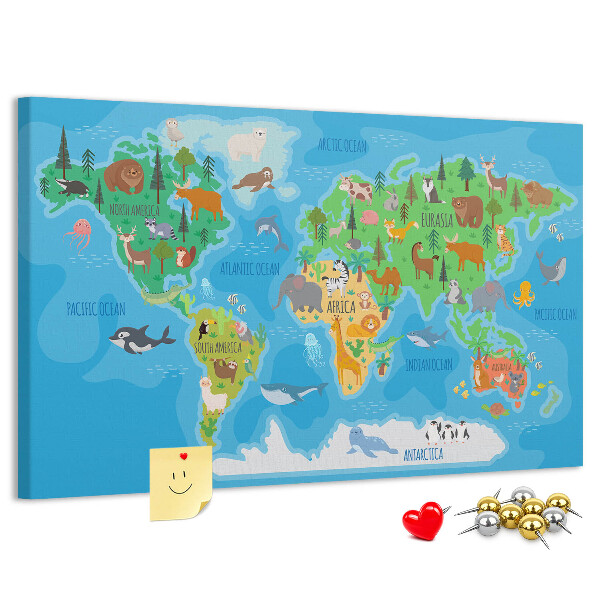Tablero de anuncios mapa del mundo con ilustraciones de animales