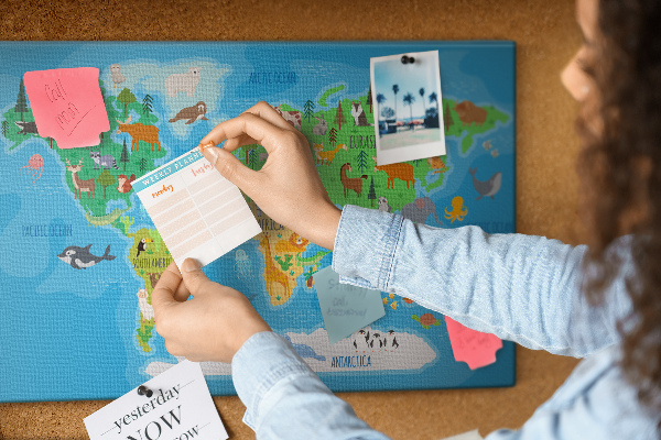 Tablero de anuncios mapa del mundo con ilustraciones de animales