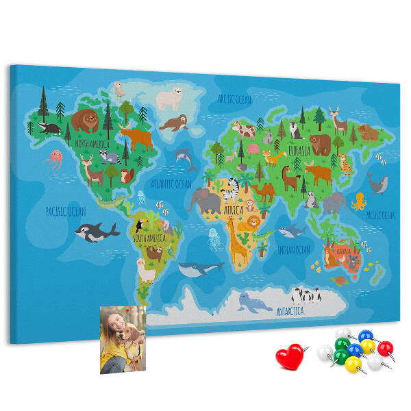 Tablero de anuncios mapa del mundo con ilustraciones de animales