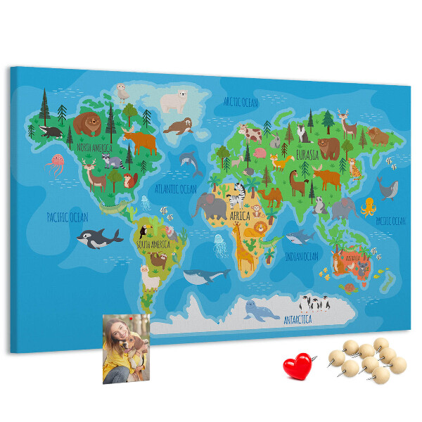Tablero de anuncios mapa del mundo con ilustraciones de animales
