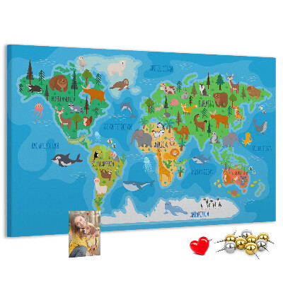 Tablero de anuncios mapa del mundo con ilustraciones de animales