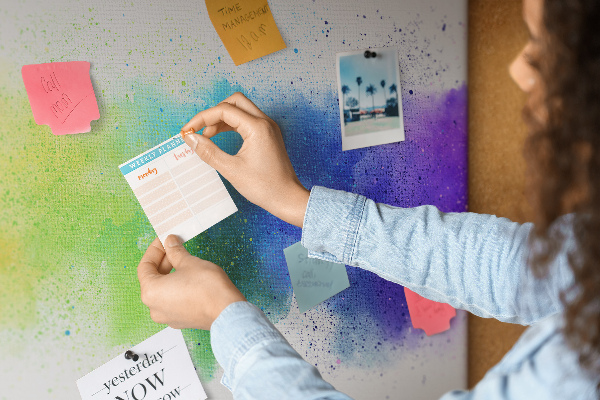 Tablero de corcho decorado con diseño de destellos coloridos en arcoíris