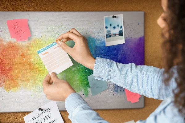 Tablero de corcho decorado con diseño de destellos coloridos en arcoíris