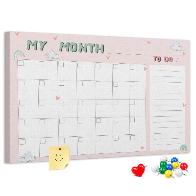 Tablero de anuncios Calendario rosa con nubes y corazones