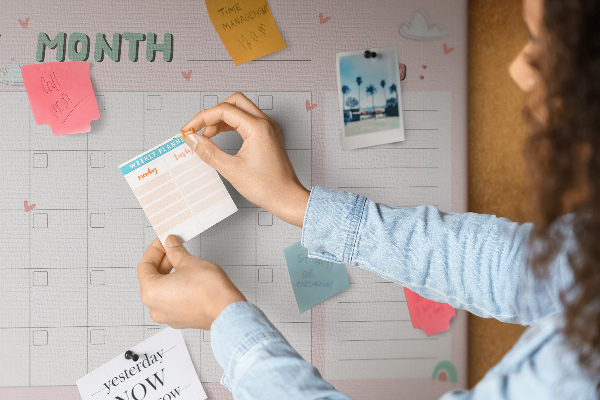 Tablero de anuncios con diseño de calendario rosa, nubes y corazones