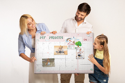 Tablero de anuncios con diseño de calendario rosa, nubes y corazones