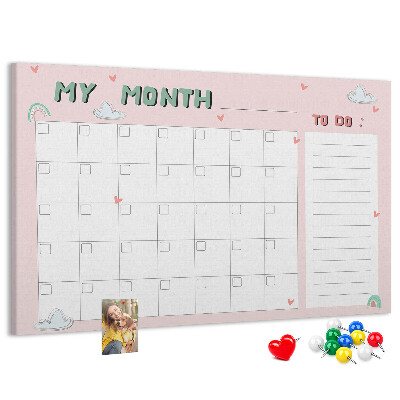Tablero de anuncios con diseño de calendario rosa, nubes y corazones