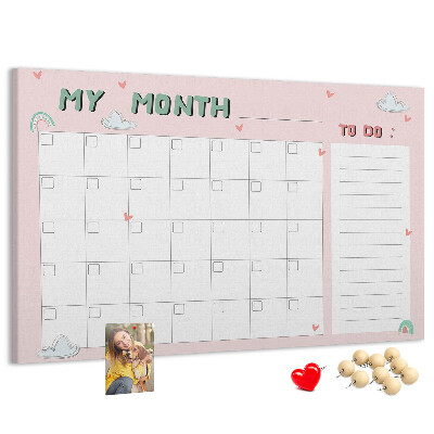 Tablero de anuncios con diseño de calendario rosa, nubes y corazones