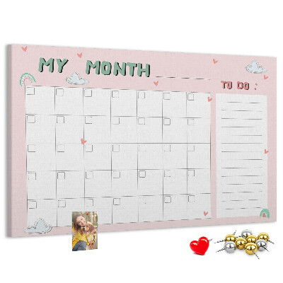 Tablero de anuncios con diseño de calendario rosa, nubes y corazones