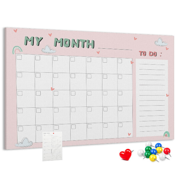 Tablero de anuncios con diseño de calendario rosa, nubes y corazones