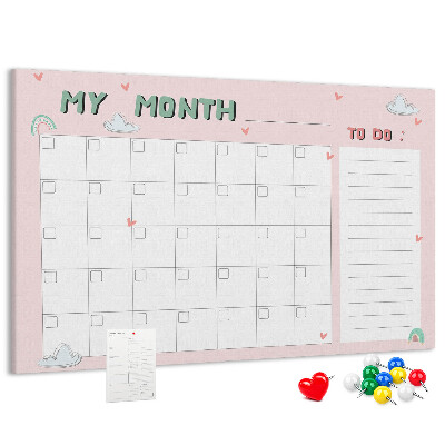Tablero de anuncios con diseño de calendario rosa, nubes y corazones