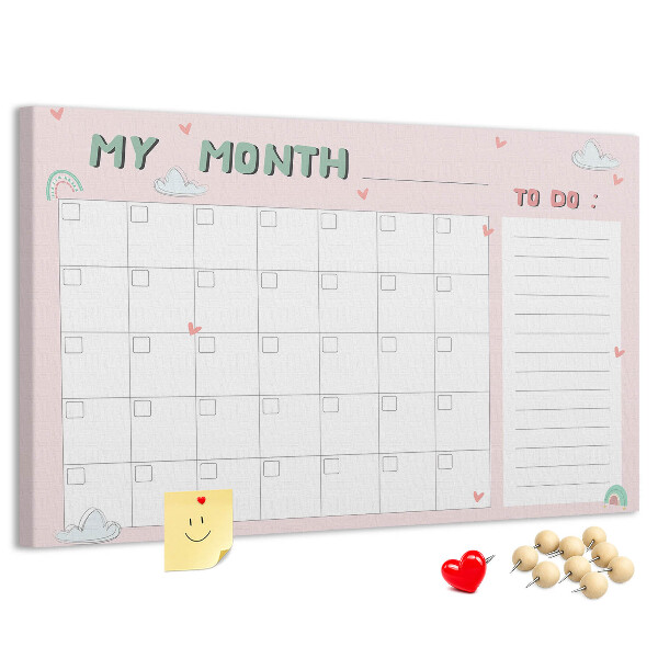 Tablero de anuncios con diseño de calendario rosa, nubes y corazones