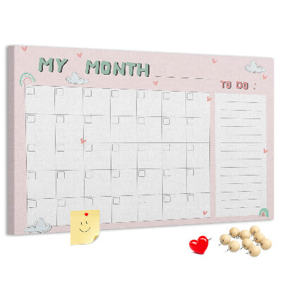 Tablero de anuncios con diseño de calendario rosa, nubes y corazones