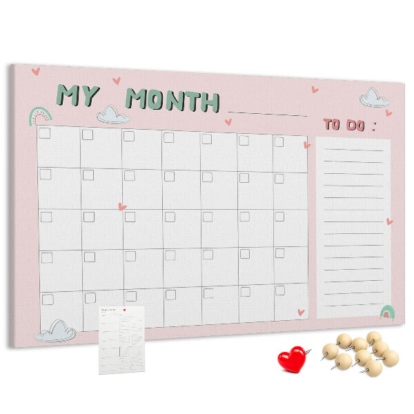 Tablero de anuncios con diseño de calendario rosa, nubes y corazones