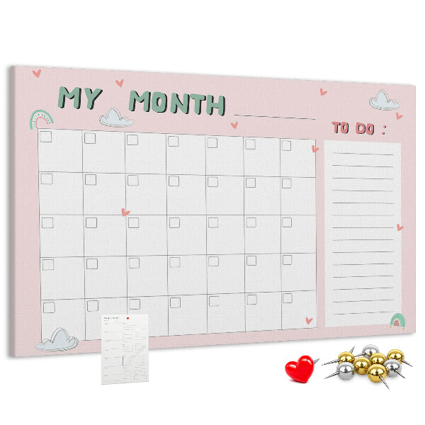 Tablero de anuncios con diseño de calendario rosa, nubes y corazones