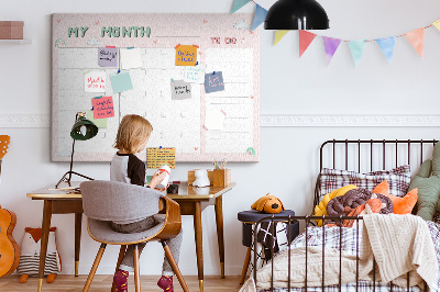 Tablero de anuncios con diseño de calendario rosa, nubes y corazones