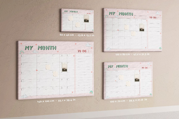 Tablero de anuncios con diseño de calendario rosa, nubes y corazones