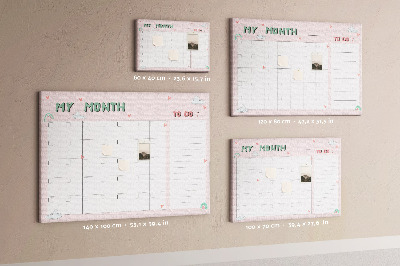 Tablero de anuncios con diseño de calendario rosa, nubes y corazones