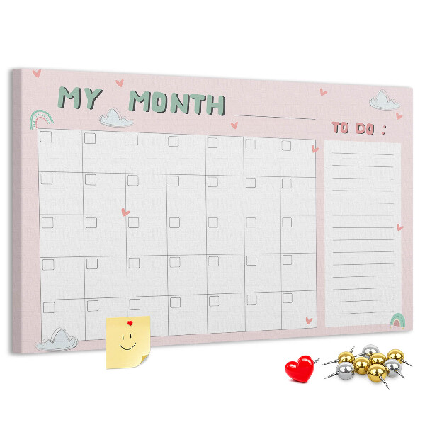 Tablero de anuncios con diseño de calendario rosa, nubes y corazones