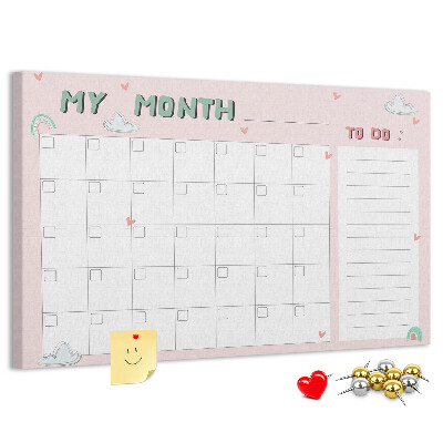 Tablero de anuncios con diseño de calendario rosa, nubes y corazones
